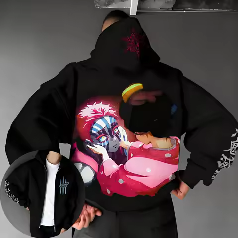 Demon Slayer Akaza Anime Printed Zipper 2026 Hoodie Men's and Women's Spring/Summer New Harajuku Plus Size Y2K Casual Loose Top