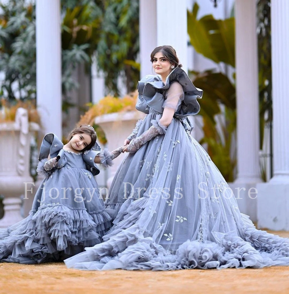 Exaggerated Grey Blue Mommy Daughter Dresses for Family Portrait Photography Ball Gown Prom Dress for Mother Daughter Party Show