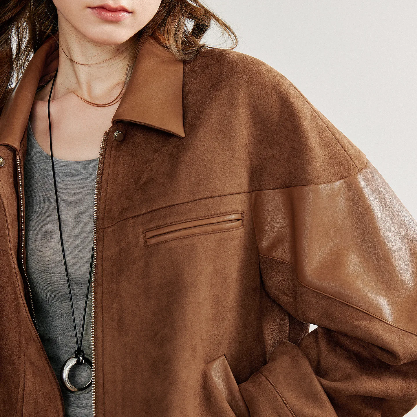 TOYOUTH Damska Kurtka Skórzana 2025 Jesień Nowy Nomadyczny Styl Retro Zamsz PU Skóra Łączona Kurtka Płaszcz