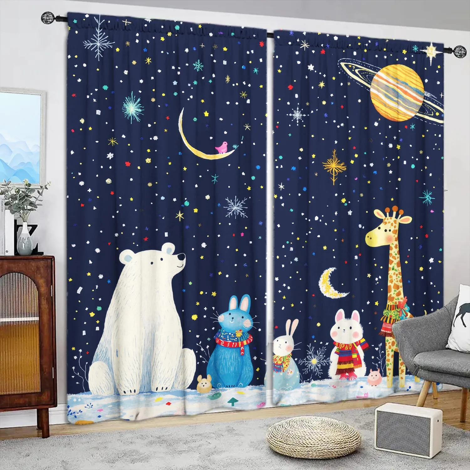 Cartoon Animal Space Curtain, Cute Bear Rabbit Giraffe Starry Sky Print Drape, Kids Bedroom Nursery Window Treatment Home Decor