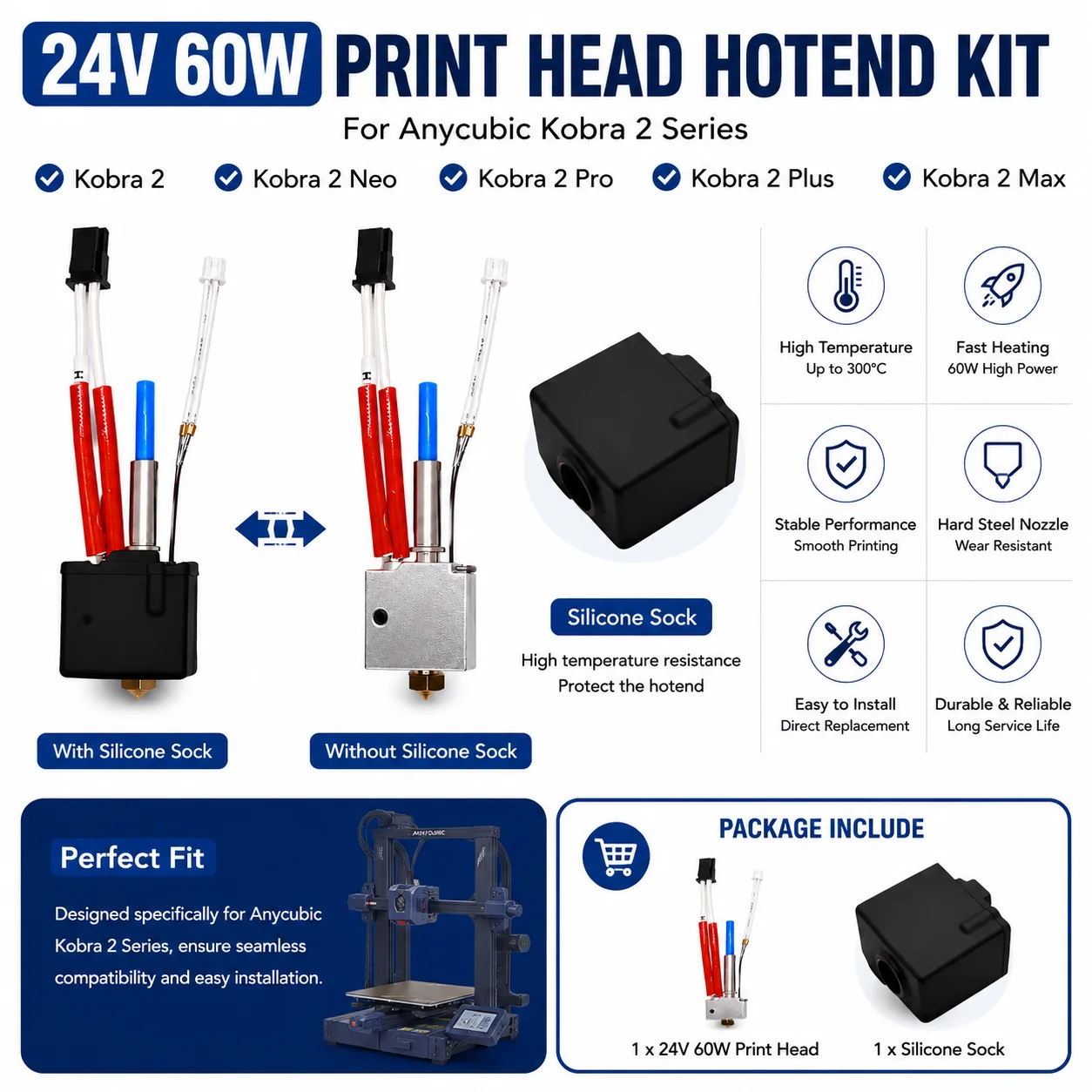 24V 60W Druckkopf für Anycubic Kobra 2 Kobra 2 Neo Kobra 2 Pro Kobra 2 Plus Kobra 2 Max 3D-Drucker Hotend-Kit Hartstahldüse – Detail 1