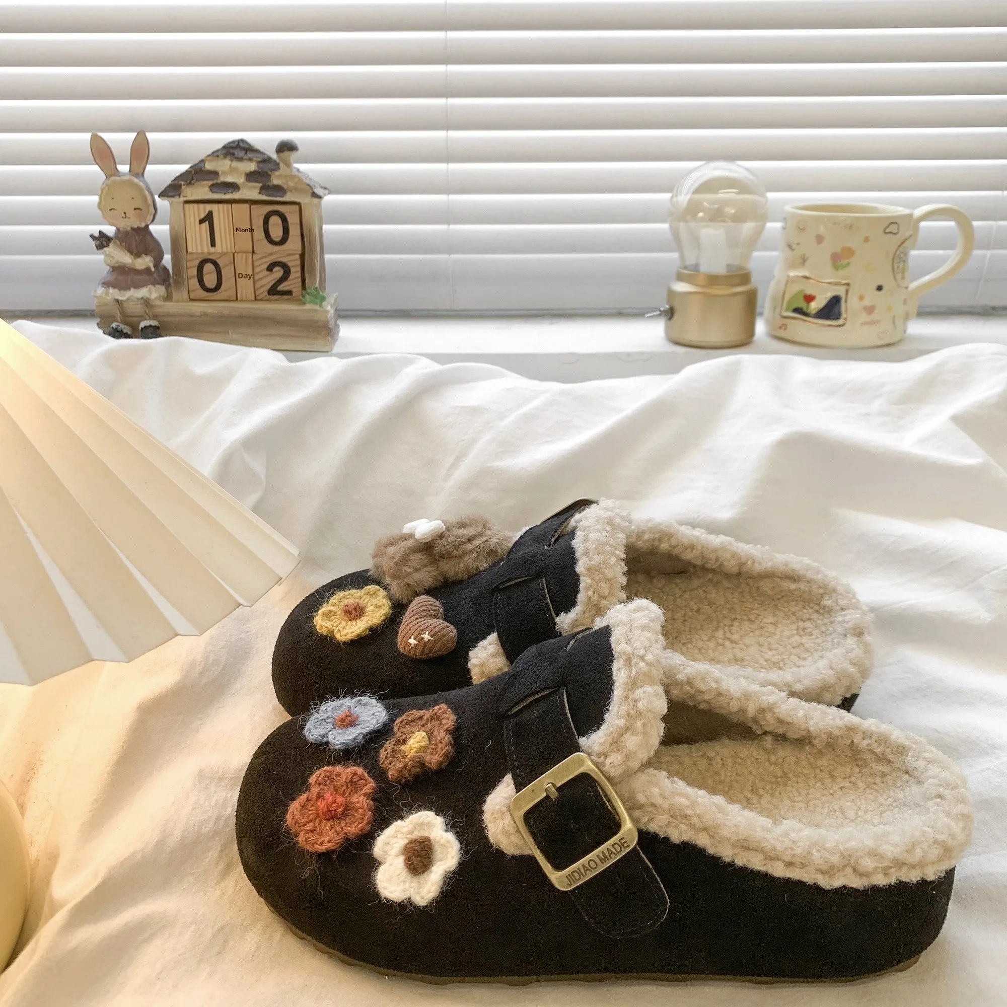 フリース裏地付きビルケンシュトック風スリッパ-厚底-つま先カバー付き-セミスリッパ-レディース-アウトドアウェア-冬-レトロ-ファー-スリッパ