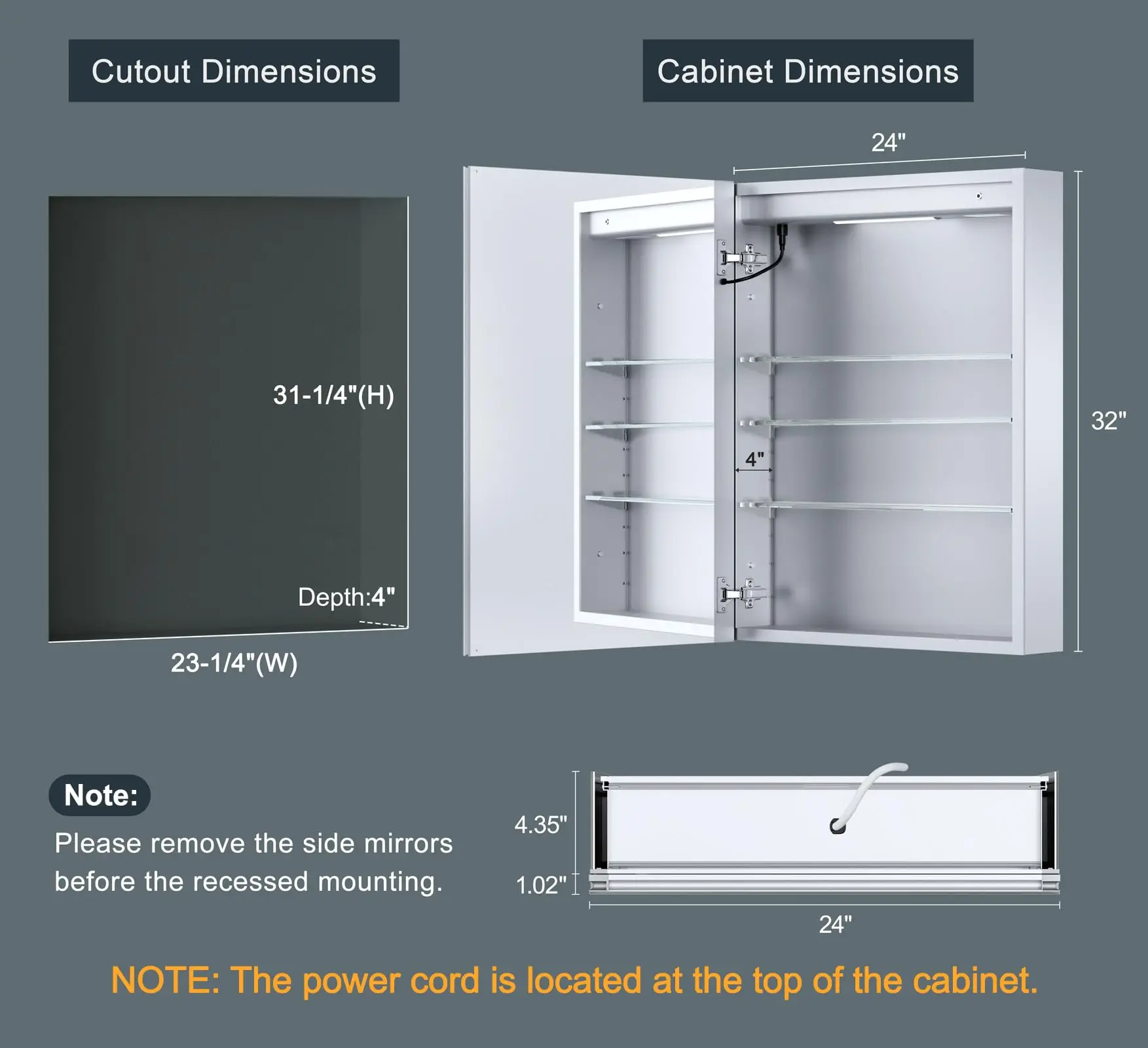 24x32 Inch Medicine Cabinet with Lights, AL Alloy Frame, Plug-in or Hardwired, Recessed or Wall Mount, Mirror Doors/3