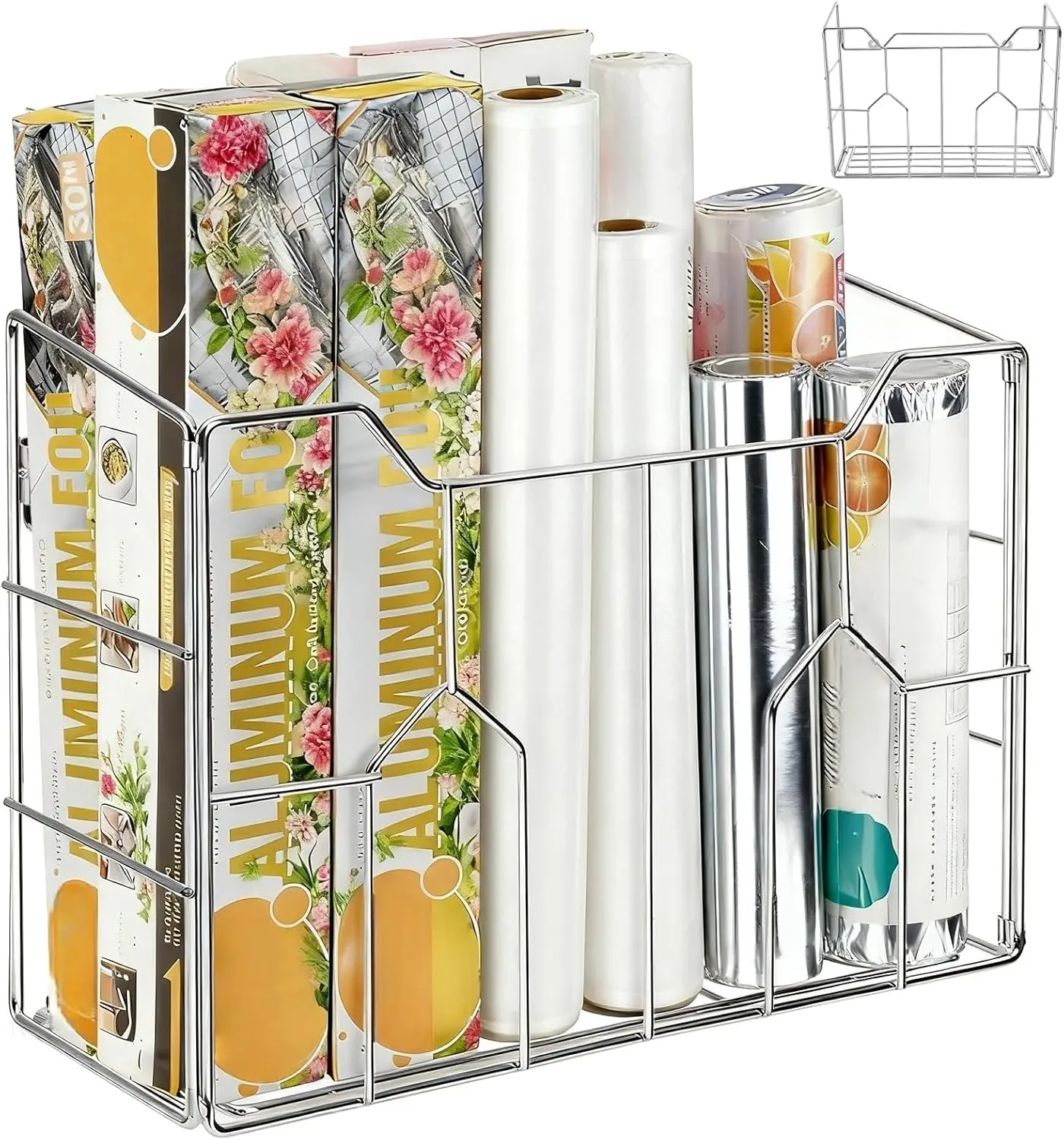 Organizador de rollos de cocina para montar en la pared, almacenamiento para puerta de gabinete, cesta de alambre de acero resistente para papel de aluminio, film transparente y papel encerado