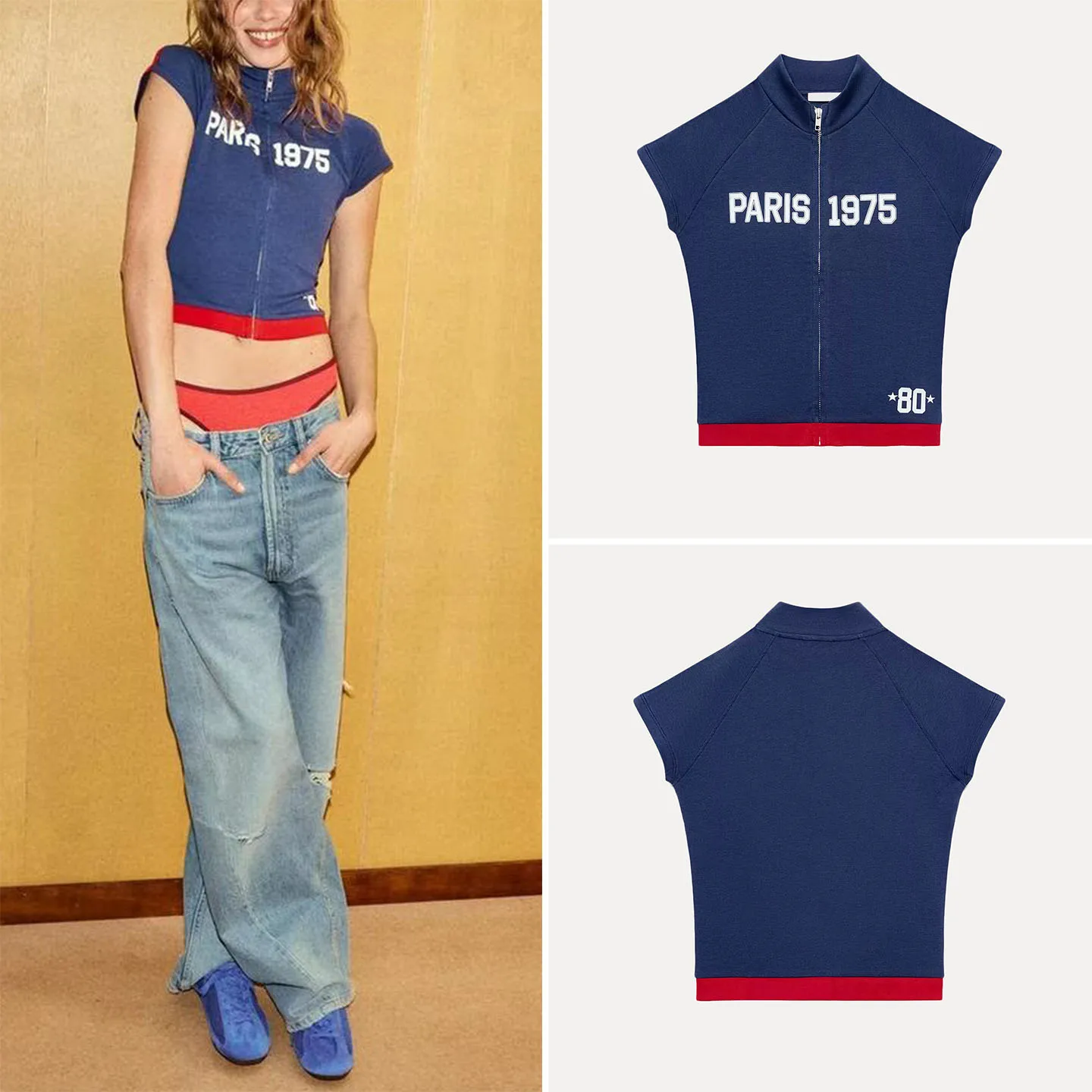 Women's Summer Fashion Short Sleeve Stand Collar Color Block Print Zipper Top Zipper Closure Other Material 100% Short Length