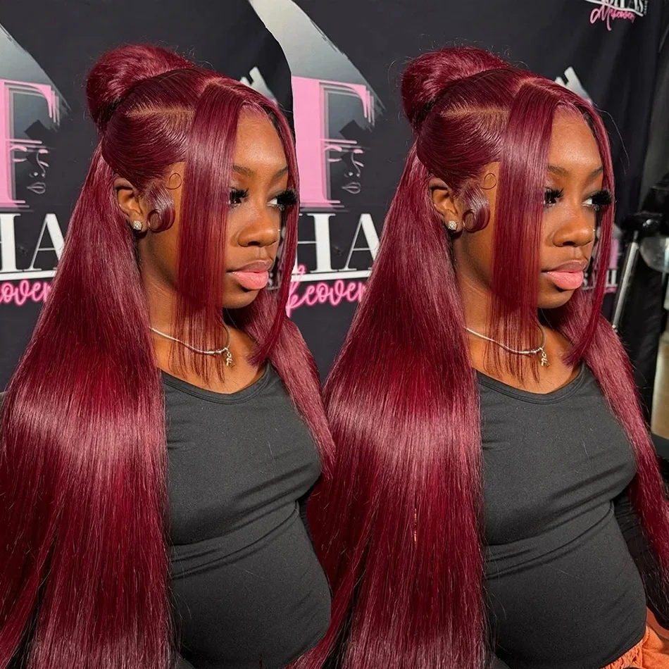 

Burgundy 99J 13x6 hd Lace Frontal Brazilian Pre Plucked Colored Straight Wigs 13x4 Transparent Lace Red Remy Human Hair Wigs