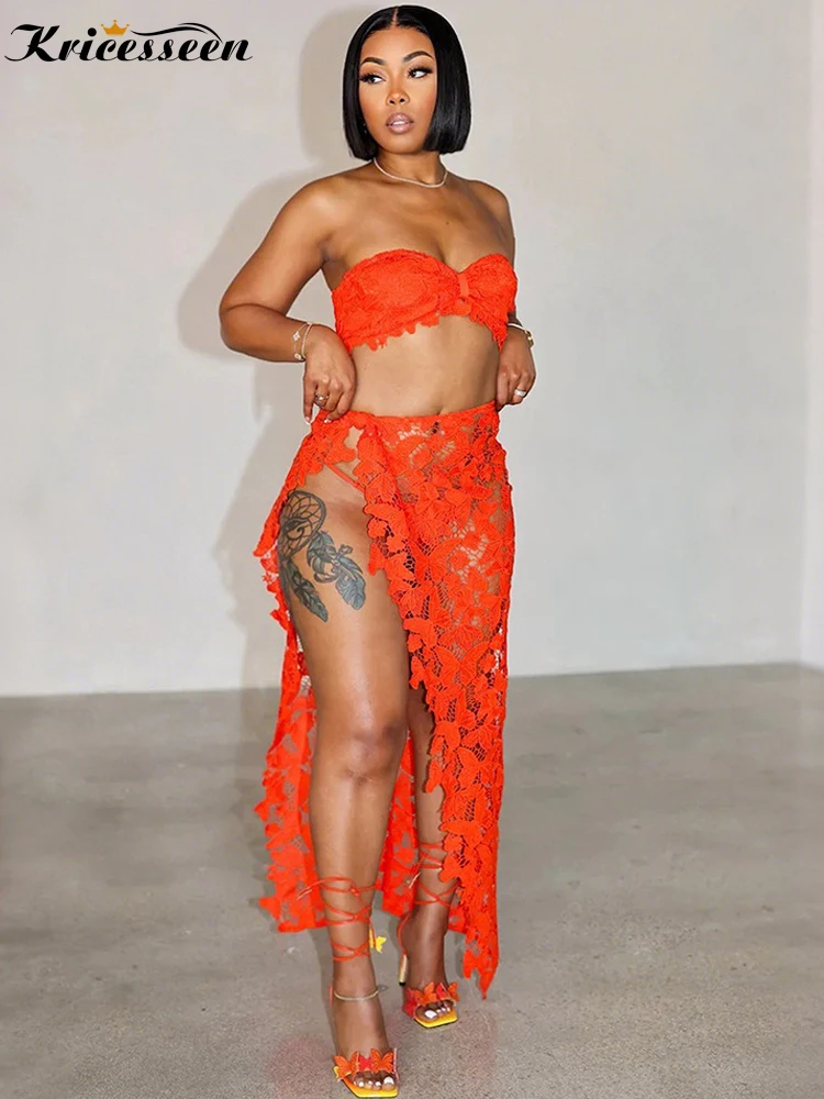 

Kricesseen Elegant Red Crochet Bikini Set 3 Pieces Holiday Outfits New Chic Womens Hollow Out Butterfly Beach Cover-Up Suits Set