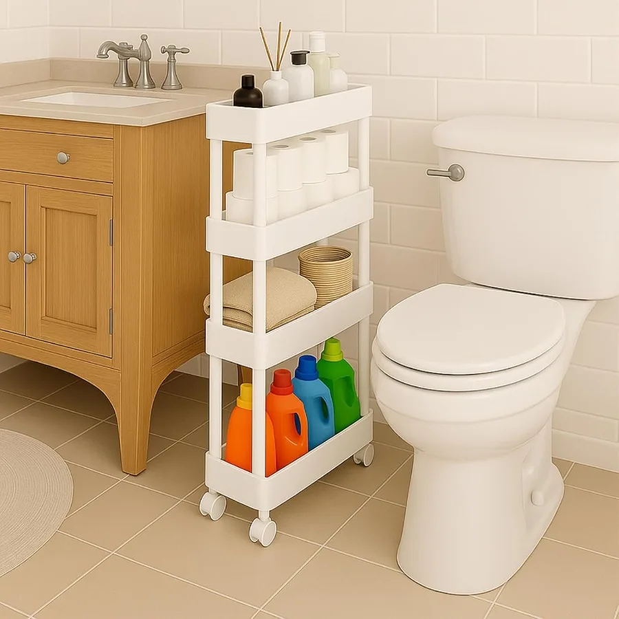 

4 Tier Bathroom Storage Organizer Slim Rolling Storage Cart for Narrow Space Mobile Shelving Unit with Lockable Wheels and Hook