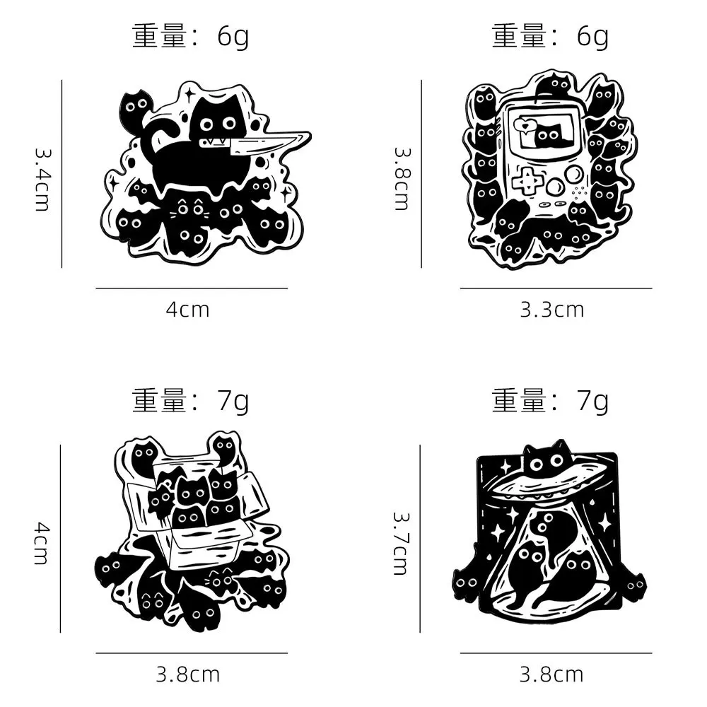 4pcs Cartoon Ghost Black Cat Enamel Brooch Animal Lapel Pin Box Spaceship Game Console Knife Cute Metal Badge Jewelry Gift