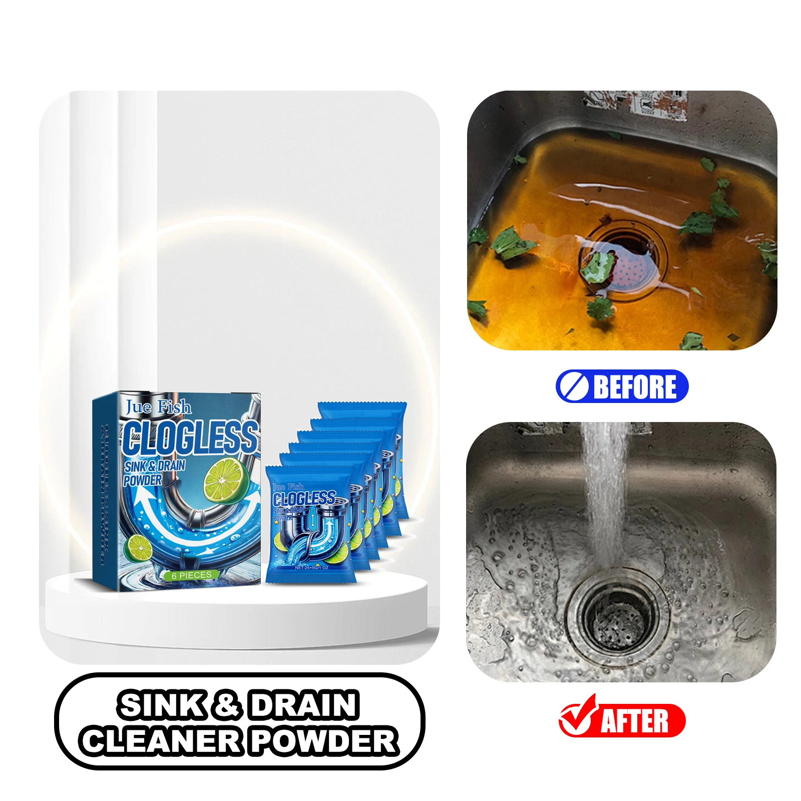 

JUE FISH Sink Drain Cleaner Powder 6Pcs/Box Clogless Sewer Cleaning Powder Kitchen Toilet Pipe Blockage Remover Dredging Cleaner