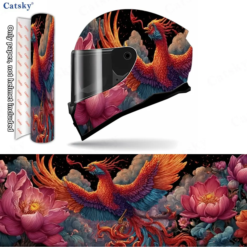 Dazzling Phoenix & Lotus Blossom Helmet Vinyl Wraps, Waterproof Scratch-Resistant Full Face Helmet Decals, Durable PVC Decoratio