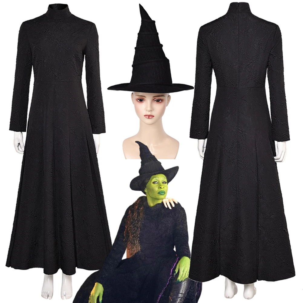 Elphaba Black Women Cosplay Costume 2024 Movie Wiked Fantasia Dress Hat Set Outfits Witch Adult Halloween Disguise Clothes