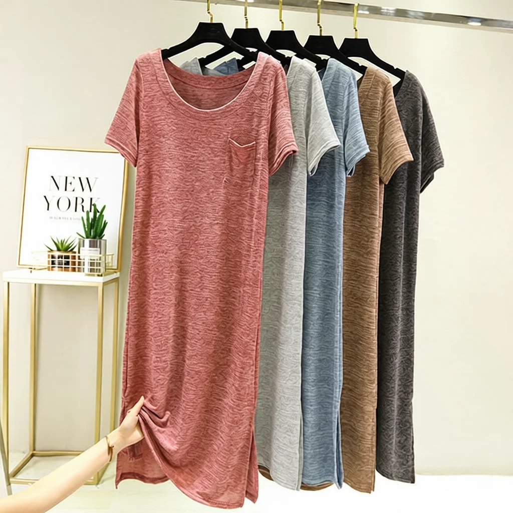 

Summer Women's Casual Long Dress Short Sleeve Home Wear Comfortable Loose Sleepwear Side Slit Lazy Girl Dress Polyester
