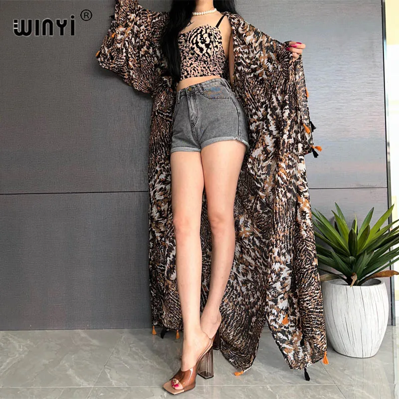 WINYI Summer Leopard print party Beach Wear Swimsuit Cover up Africa women Cardigan colorful sexy Holiday long Sleeve Kimono