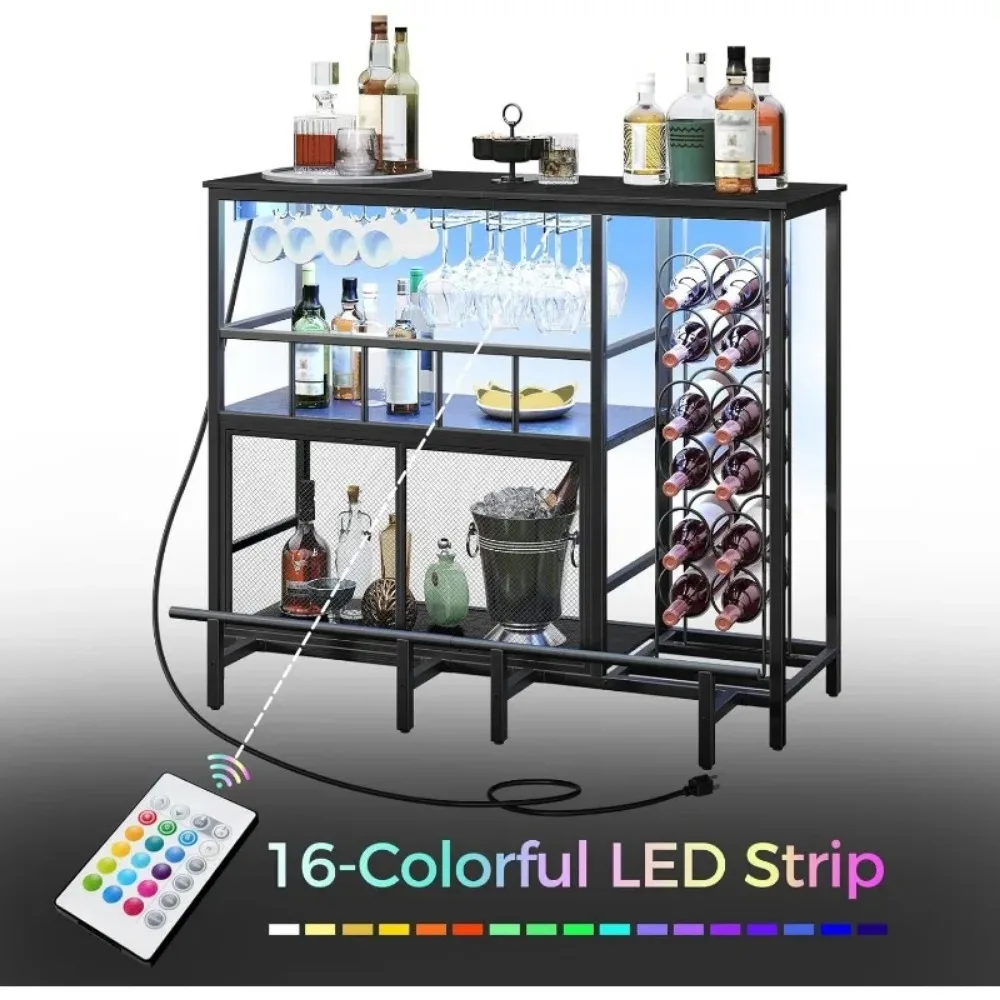 Home Bar Unit, 44.9" L Bar Table with Power Outlet, Mini Bar with Wine Rack and LED Lights