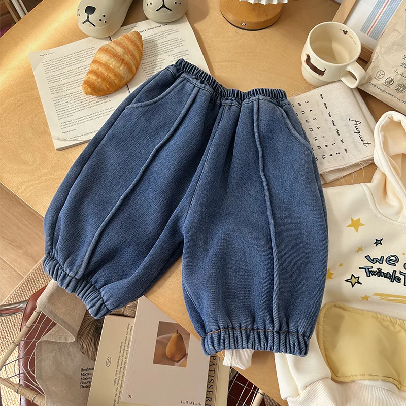 

UNITIM Kids Baby Girls Jeans New Winter Thicken Warm Solid Color Toddler Girls Demin Pant Elastic Waist Infant Girls Jogger Pant