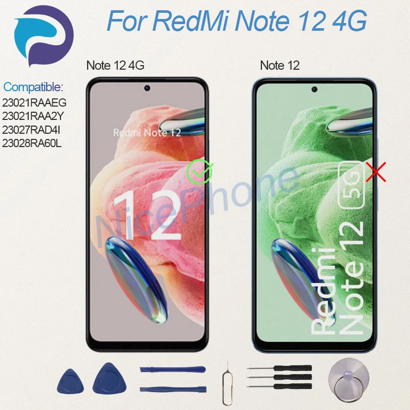 New And Tested For RedMi Note 12 4G LCD Display Screen Touch Panel Digitizer 23021RAAEG, 23021RAA2Y, 23027RAD4I, 23028RA60L Note