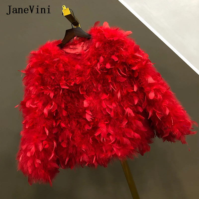 JaneVini Luxury Real Ostrich Feathers Bridal Coat Women Fur Jacket Winter Warm Fluffy Fur Bride Shawl Wraps Wedding Capes Tops