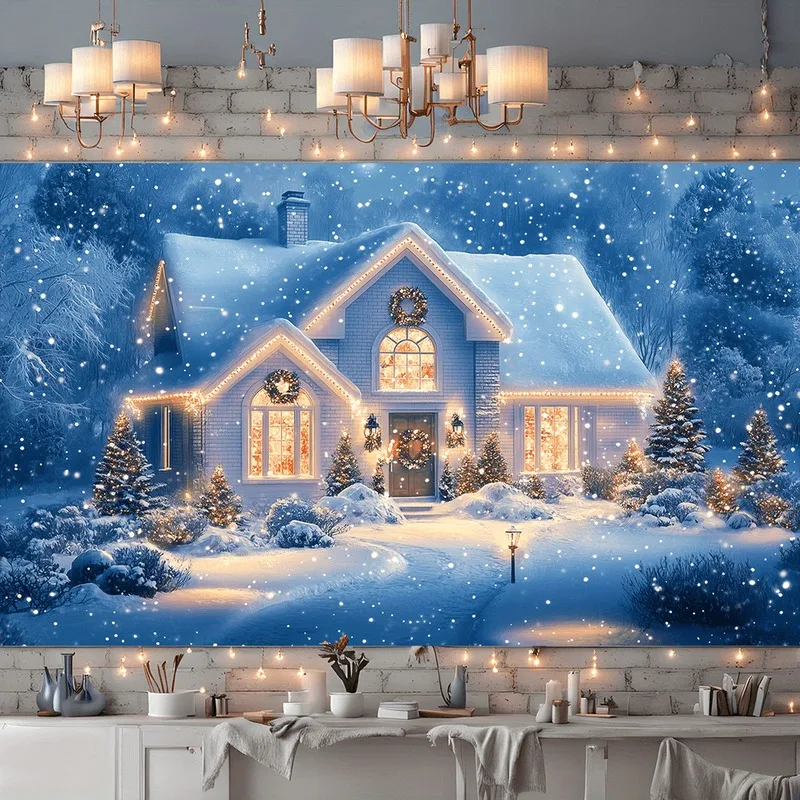 VIKAMA Frozen Christmas Scene Tapestry, Blue Snowy Forest Icicles, Xmas Wall Hanging Decor for Living Room Bedroom Party