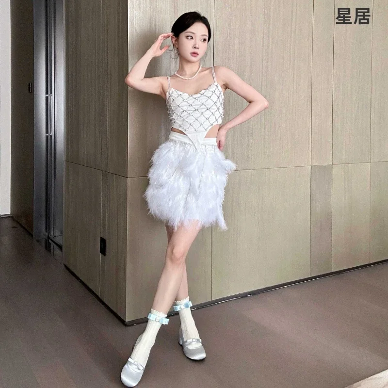 

Jazz Dance Costumes Women Singer Kpop Outfits White Shiny Sling Tops Feather Skirt Nightclub Girls Party Stage Clothes Rave Wear