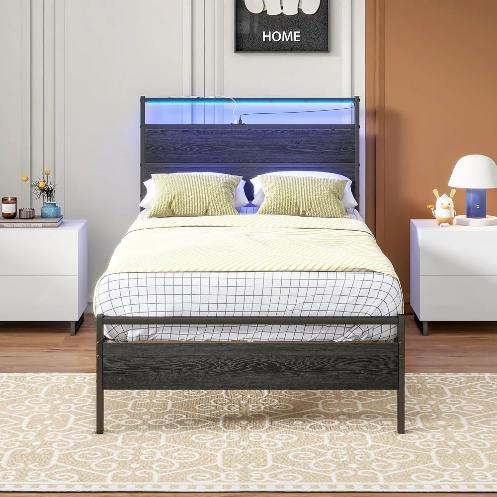 

Twin Bed Frame with Headboard/LED Lights,Metal Bed Frame Twin Size with Charging Station,Twin Platform Bed Frame Twin Size No Bo