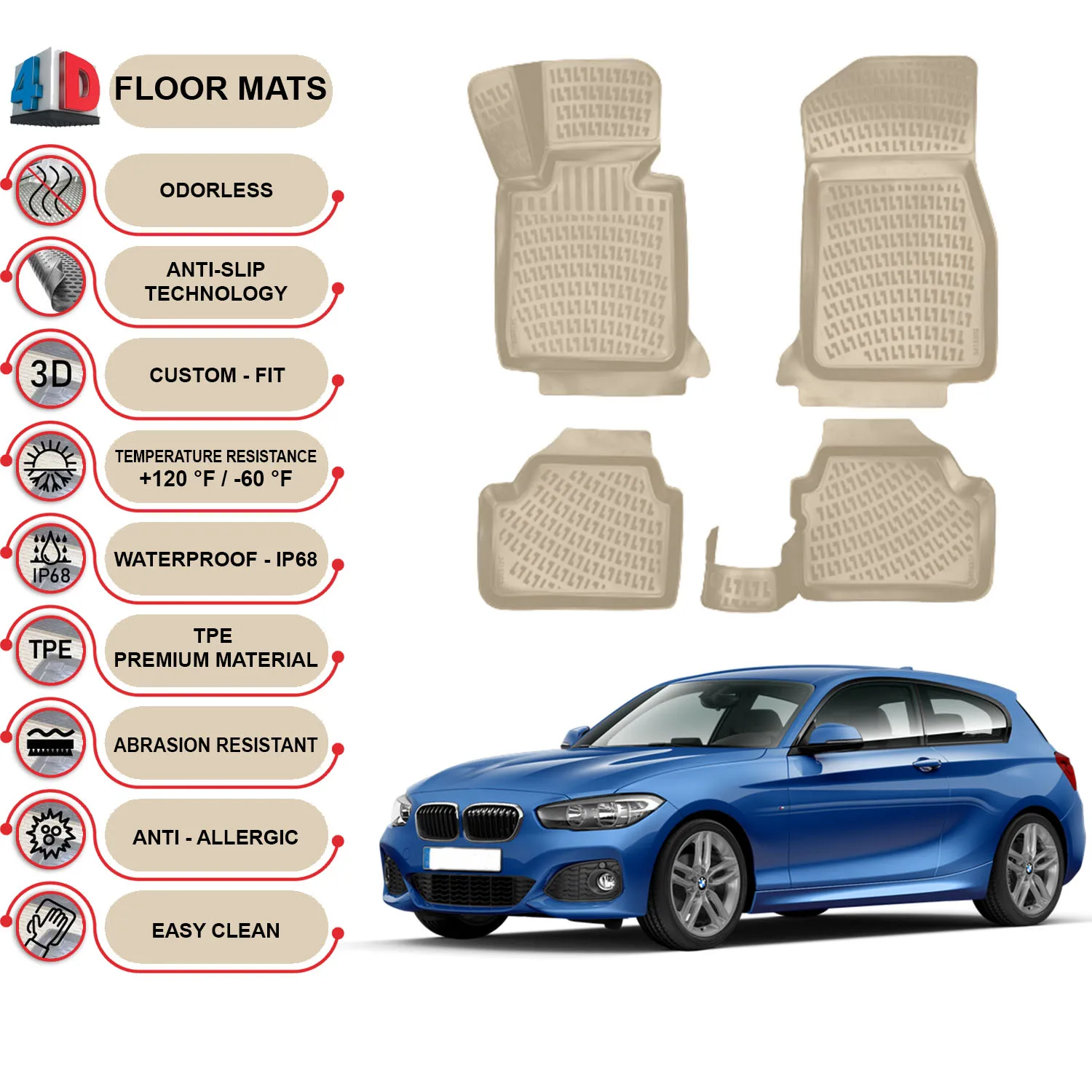 BMW 1F20- (2011-2019) Floor Mats Liner Waterproof 3D - (Beige)