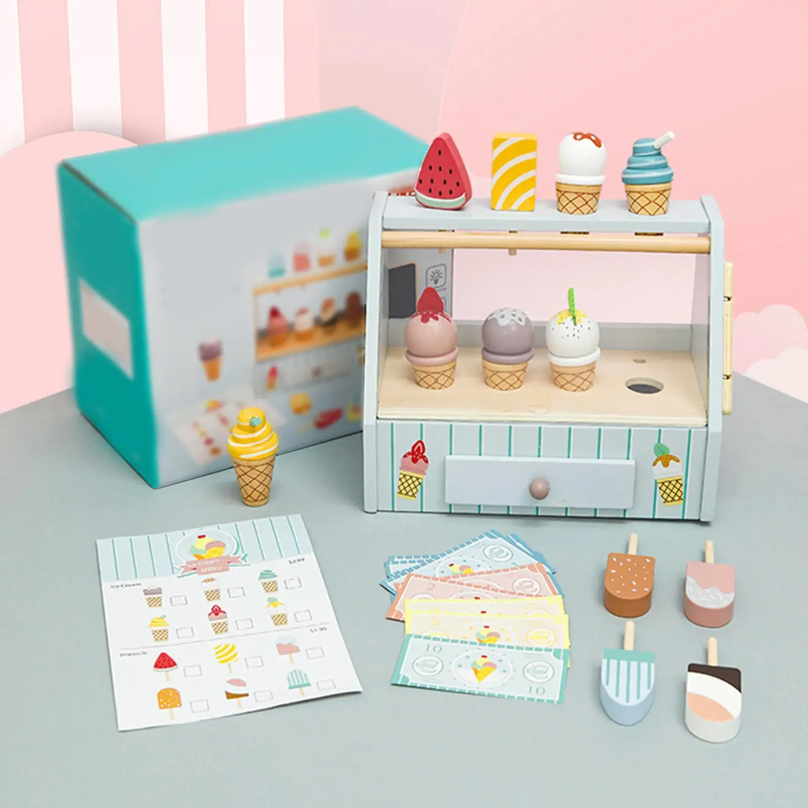 Juego de mostrador de helado de madera, accesorios de cocina, regalos, juguetes de comida de imitación, juguete de helado de madera para niñas, niños y niños