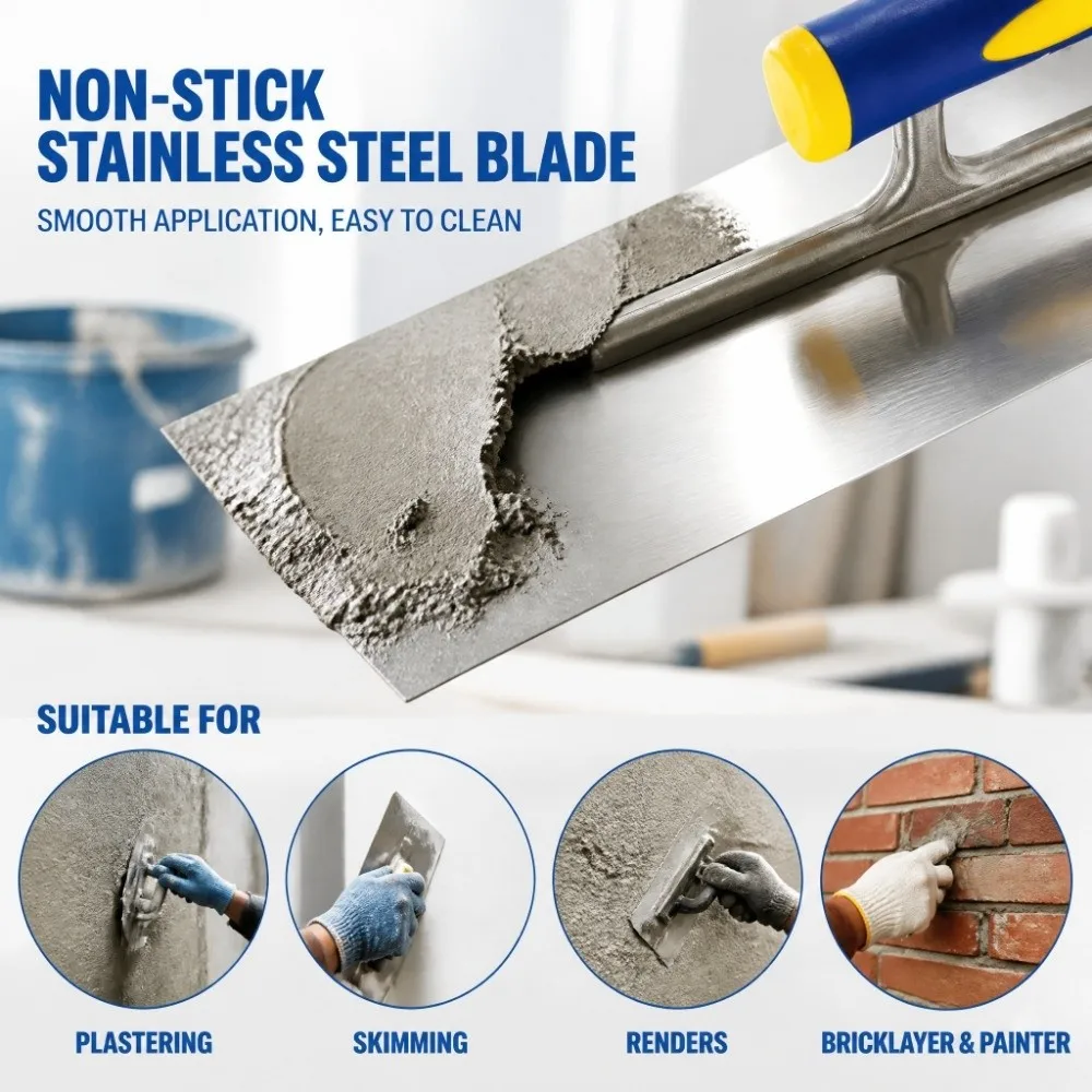 300mm Plastering Trowel Stainless Steel Ergonomic Handle Skimming Trowel Smooth Finish Extruded Magnesium Hand Float