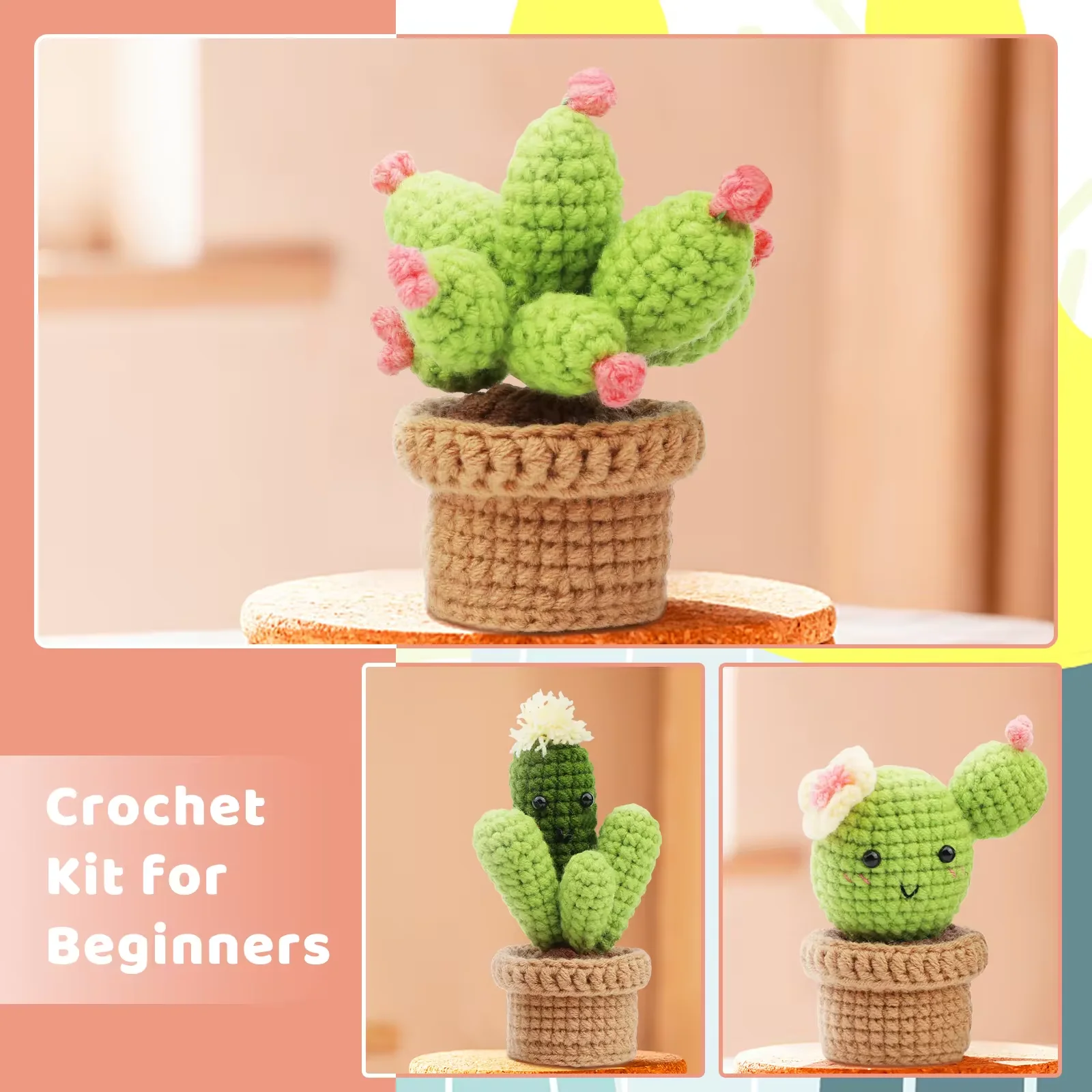 Three Kinds Of Cactus Doll Ornaments Hand Made Woven Crochet Wool Diy Crochet Knitted Material Bag Complete Set