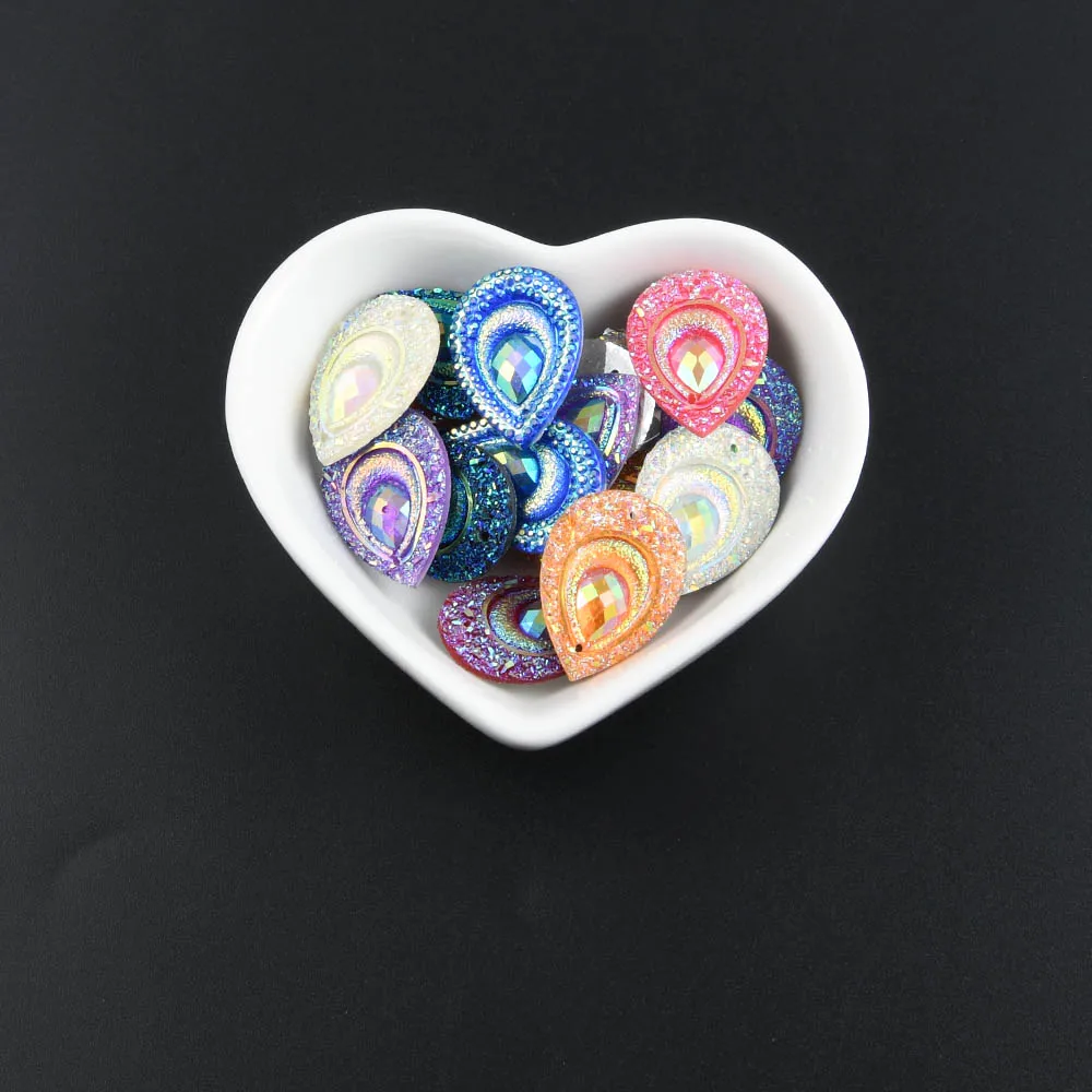 20pcs 18*25mm Shiny Peacock Eye AB Flatback Teardrop Resin Rhinestones Ornaments Sew on Wedding/Home Decoration DIY Applique