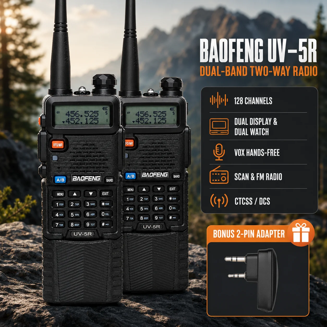 BAOFENG UV-5R Dual Band Ham Radio 4W 128CH VHF UHF Handheld Two Way Radio VOX Scan CTCSS DCS FM Walkie Talkie for Adults