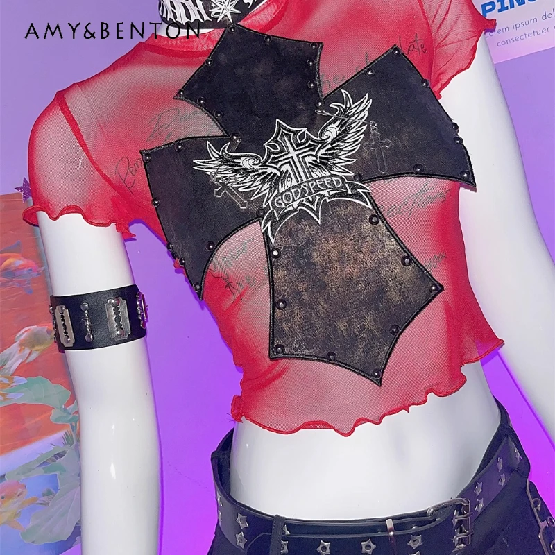 

European American New Subculture Y2K Sexy Hot Girl Women's T-shirt Punk Goth Dark Sweet Cool Embroidered Vest T-shirts Ladies