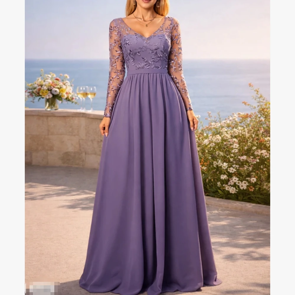 

Customized Elegant Long Mother of the Bride Dresses V-Neck Floor-Length A-Line Lace Evening Gala Wedding Guest Groom Dress 2026