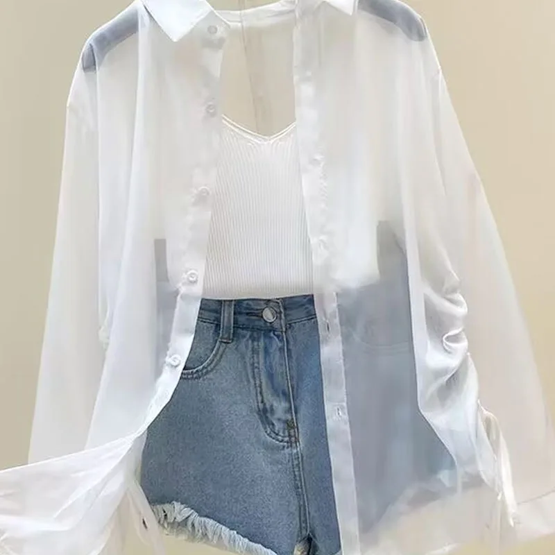 Long Sleeve Drawstring White Sunscreen Shirt Women New Summer Thin Casual Chiffon Blouse Women Tops Fashion Plus Size Shirts X30