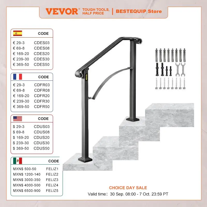 

VEVOR Handrail Arch Railing White Fits 1 Or 5 Steps Stair Rail Wrought Iron Hand Rails With Installation Kit For Outdoor Steps