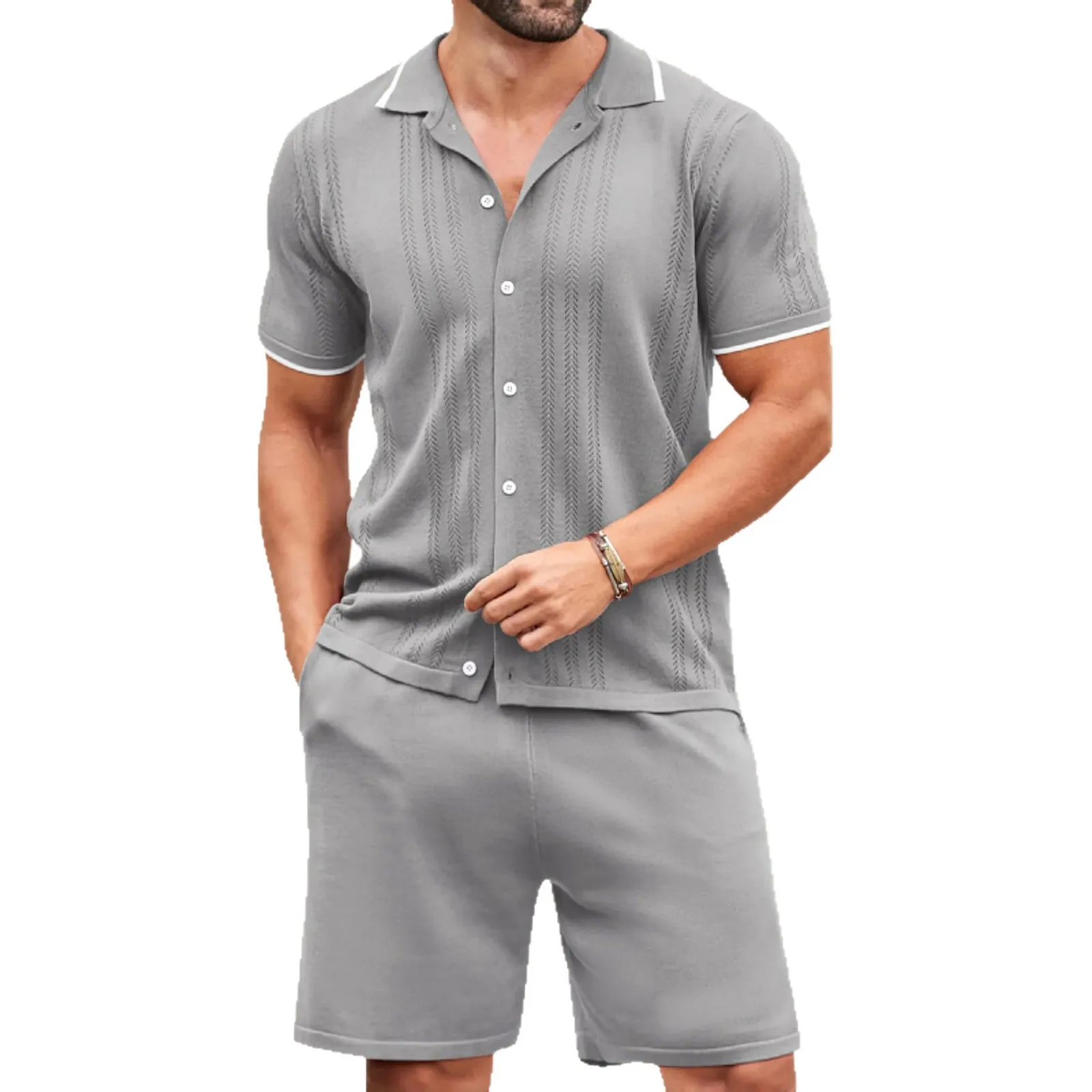 

Men's casual suit summer new style solid color square neck short sleeved knitted cardigan shorts two-piece set men's clothing
