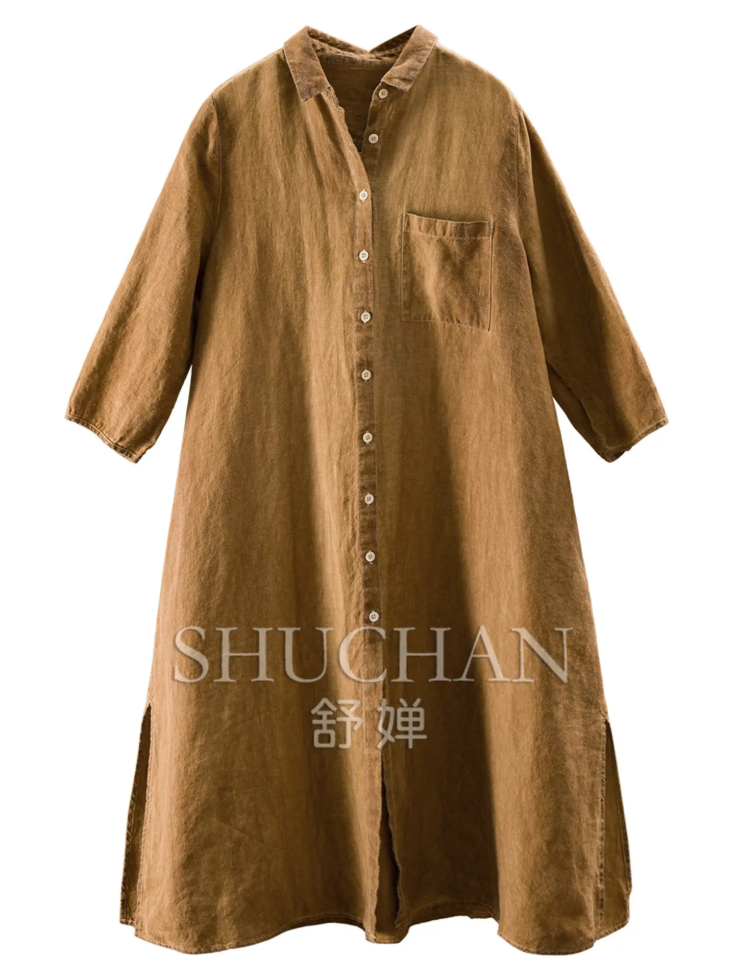 Ancient Charm Dresses French Natural Persimmon Dyed 100 Linen Seven-quarter Sleeve Shirt Dress Women's 64W3