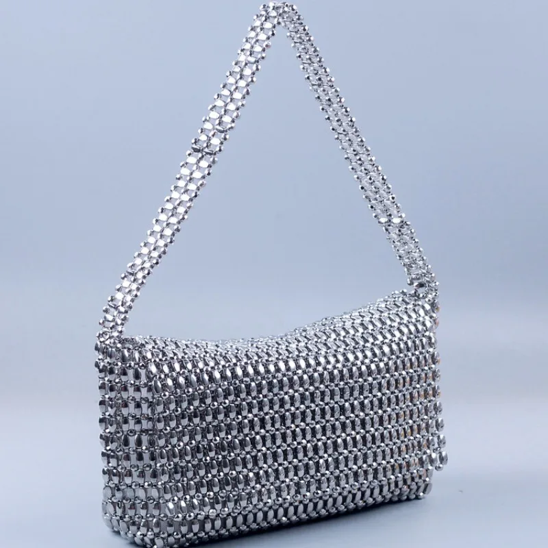 Handmade Metal Silver Beaded Bag Luxury Design Hollow Out Shoulder Underarm Bag Party Evening Club Armpit Bag Purse High Quality