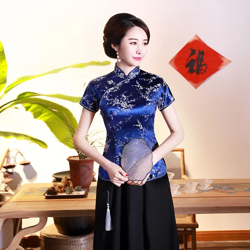 

Chinese Dress Qipao Party Vintage Flower Women Satin Blouse Summer Dragon Clothing Tops Chinese Tradition Dresses