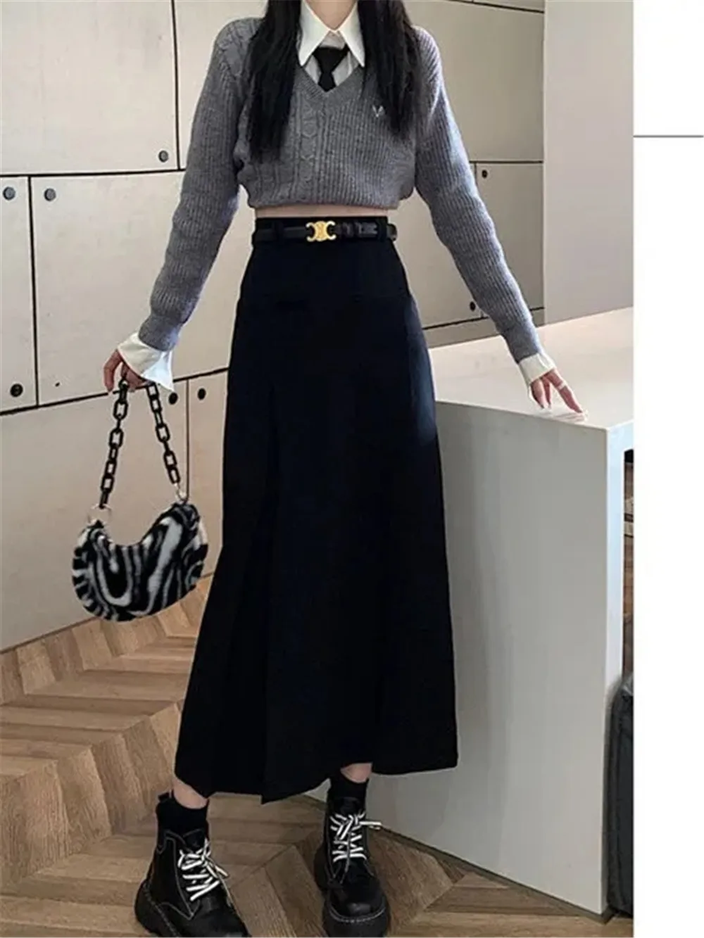 S-3xl Straight Long Irregular Pleated Suit Skirt Women Autumn Korean High Waist Black Midi Skirts Female Gray Preppy Streetwear