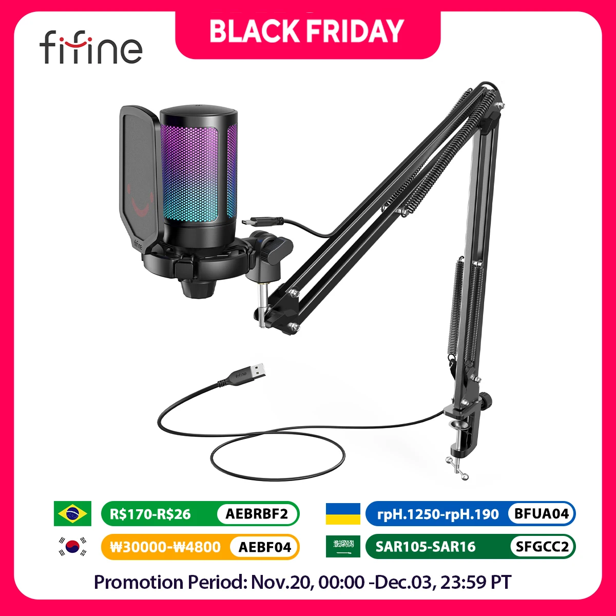 FIFINE USB Gaming Microphone Kit for PC,PS4/5 Condenser Cardioid Mic Set with Mute Button/RGB /Arm Stand,for Streaming Video-A6T