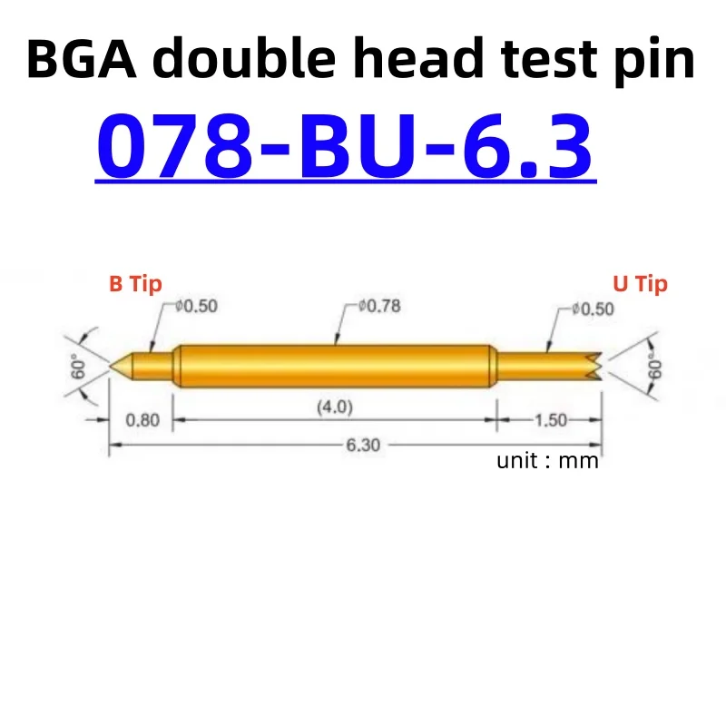 100pcs Double-ended Test Needle Test Probe BGA Semiconductor Probe 078-BU-6.3 Telescopic Spring Test Pin 0.78mm 6.3mm Pogo Pin