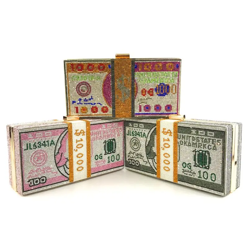Luxury Money Clutch Rhinestone Purse 10000 Dollars Stack of Cash Evening Handbags Shoulder Wedding Dinner Bag Wallet