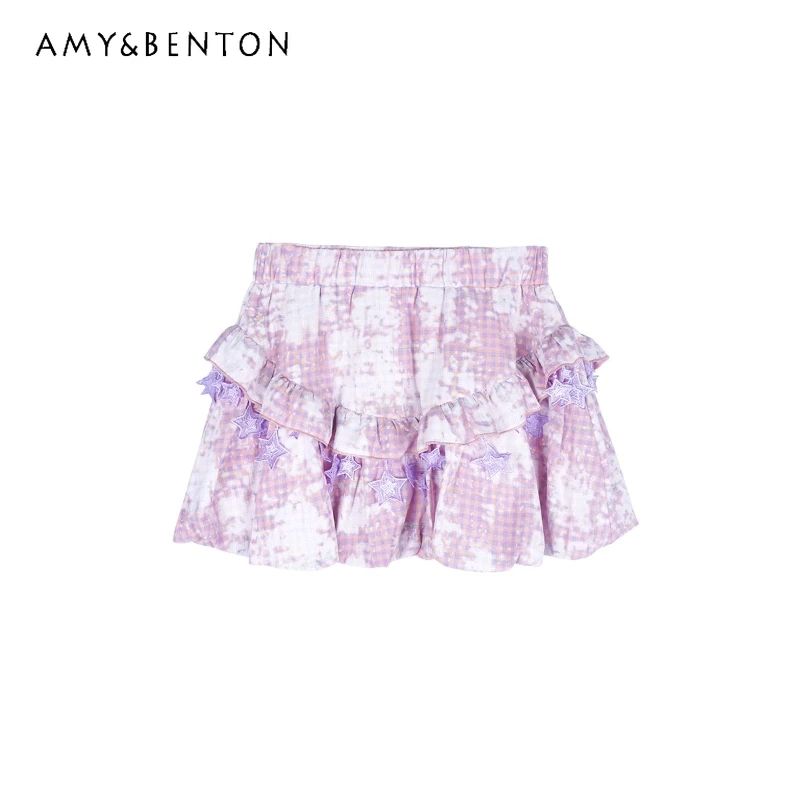 

Spring Summer New Tie-dye Pink Purple Women's Mini Skirt Original Design Sweet Cute Plaid Star Splicing High Waist Skirts Ladies