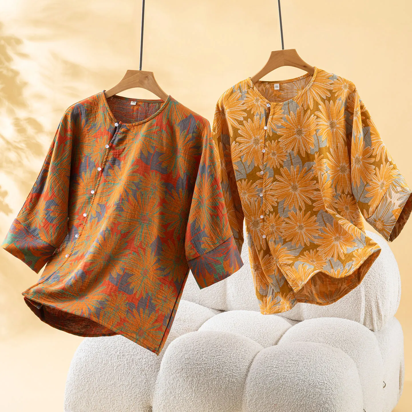 Summer Chinese Women's Pajama Set Cotton Crepe Long sleeved Pants Two piece Cute and Sweet Home Set Ladies