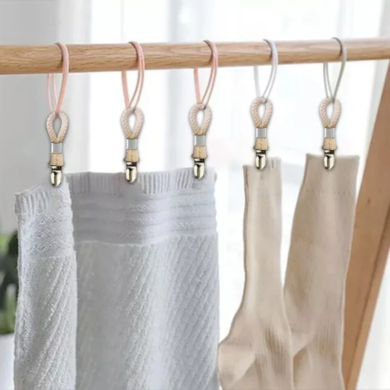 6/4Pcs Towel Hanging Clips Braided Cotton Rope Loop Anti-Rust Clips Cloth Hangers for Bathroom Kitchen Organizer Cloth Hanger