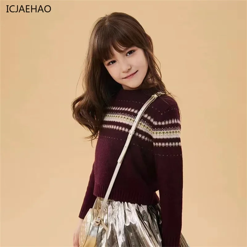 ICJAEHAO 2024 Children's Crewneck Wine Red Pullover Sweater Girls Christmas Knitwear Clothes Kids Wool Sweater Matching Autumn