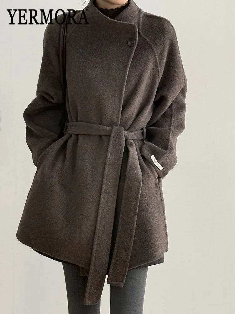 

YERMORA Coffee Belt Pocket Casual Woolen Coat For Women Stand Collar Long Sleeve Loose New Overcoat Fashion Tide Autumn Winter
