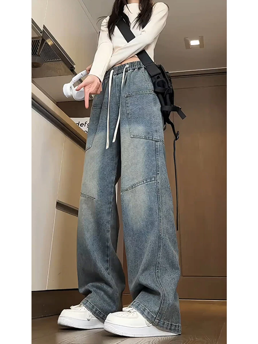 

Blue Straight Leg Vintage Waed Denim Jeans Men's Elastic Waist Loose Wide Leg Pants Retro American Sle Spring Trend