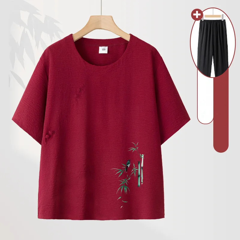 XL-4XL Spring Summer Short Sleeve T-shirt Pant Suit Pajamas For Women Home Wear Clothes Cotton Middle-aged Mother Two-piece Set